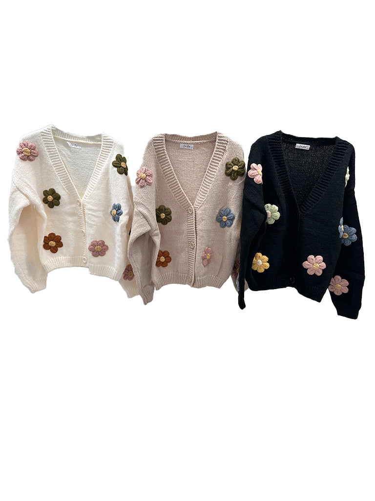 Women's wholesale chunky wool knit cardigan with flower appliqué