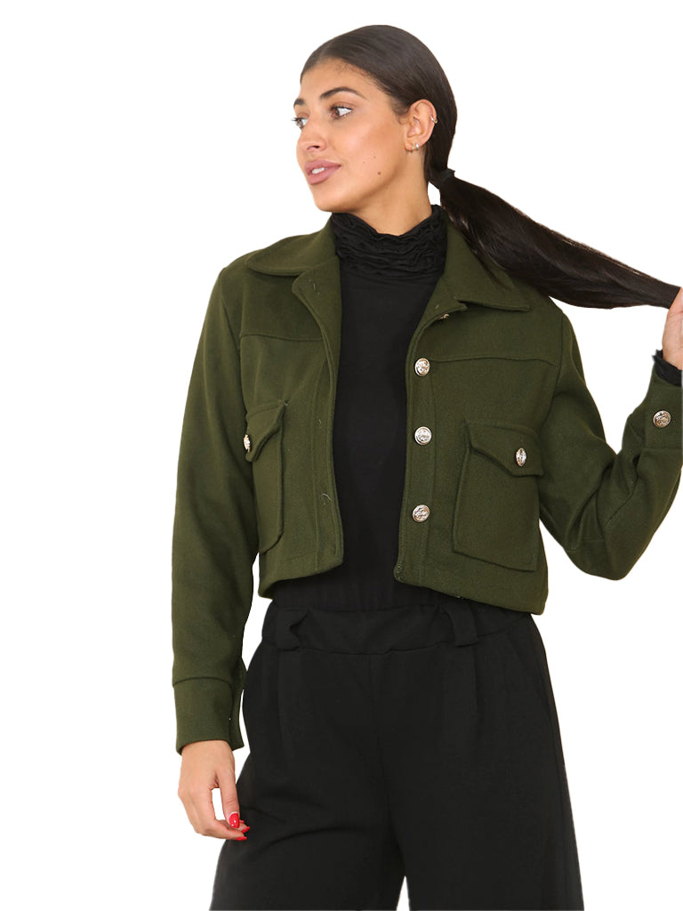 Women's wholesale cropped collar jacket featuring a buttoned design and convenient front pockets