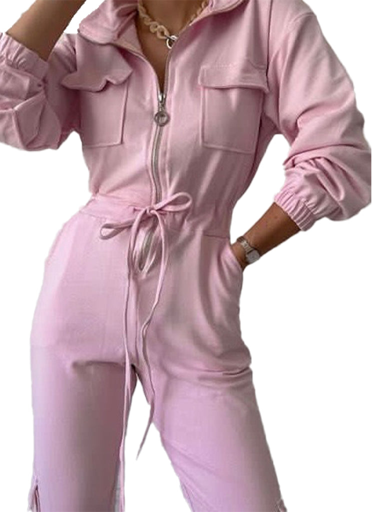 Women's wholesale cargo tie waist boiler jumpsuit made from soft sweatshirt material with zip pockets