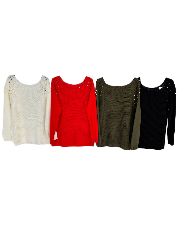Women's wholesale pearl shoulder detail wool knit jumper