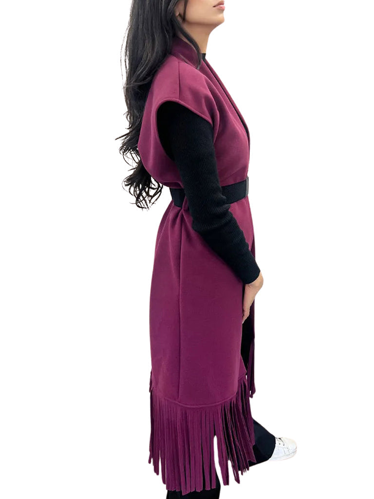 Women's wholesale fringe belted waistcoat featuring cascading fringe detail and a gold stretch belt