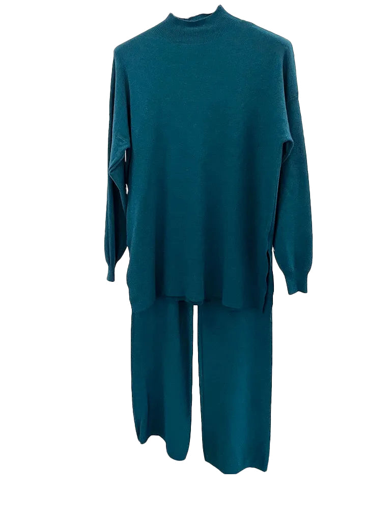 Women's 2-piece knit high neck sweater and straight leg trouser set, crafted from soft knit fabric