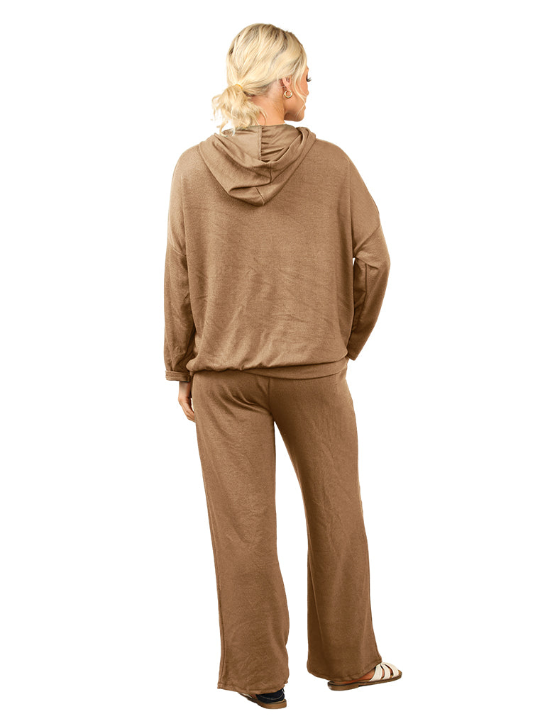 Women's wholesale jogger set with hooded zip-up top and straight leg jogger trousers.
