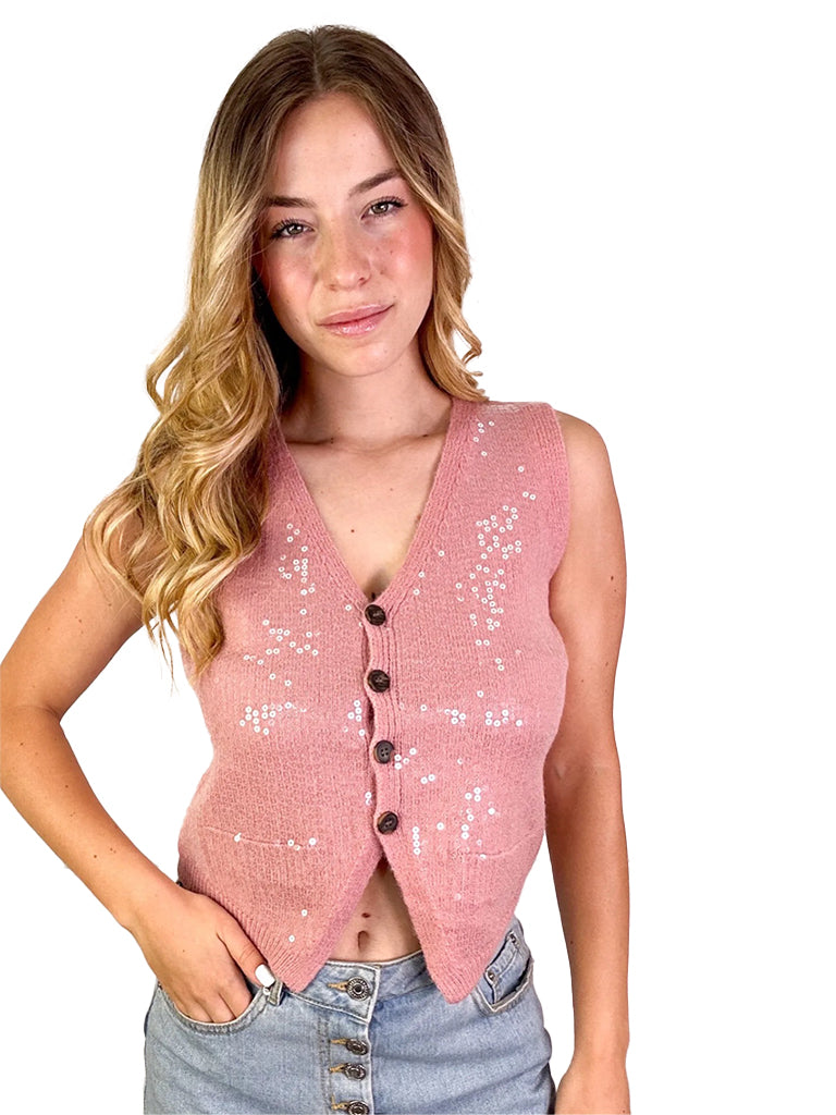 Women's wholesale sequin knit waistcoat with button-up detail and soft knit fabric