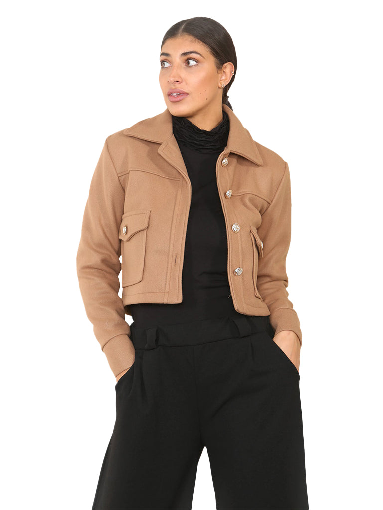 Women's wholesale cropped collar jacket featuring a buttoned design and convenient front pockets