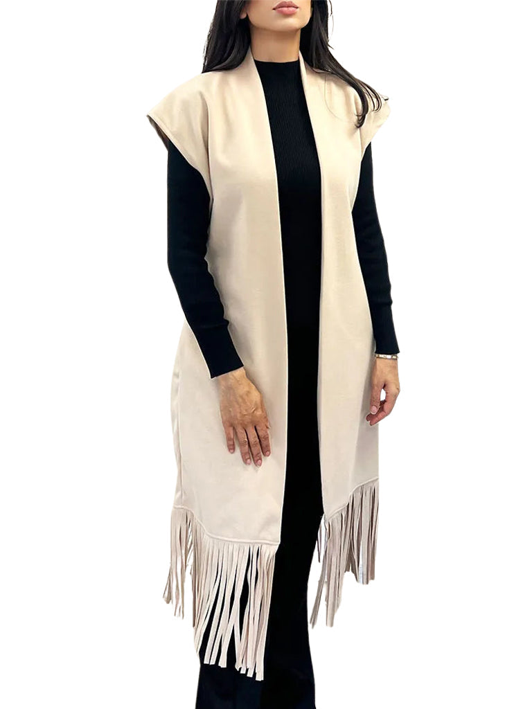 Women's wholesale fringe belted waistcoat featuring cascading fringe detail and a gold stretch belt