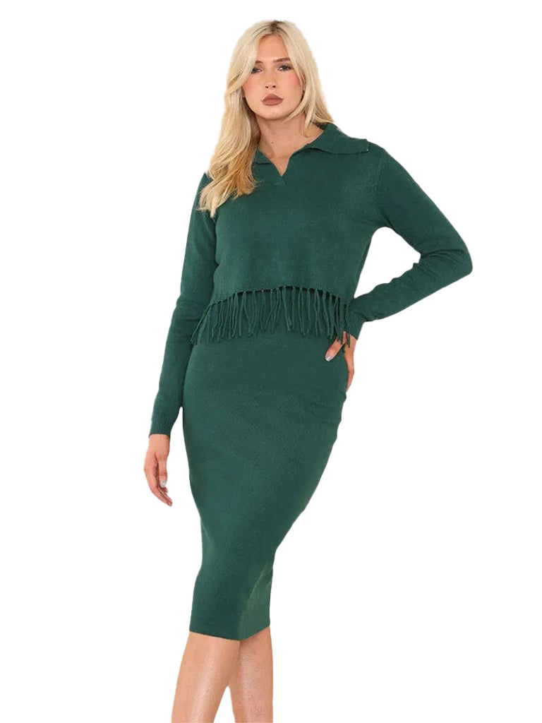 Women's wholesale knitted dress and fringe sweater set with V neck polo and boho fringe detail