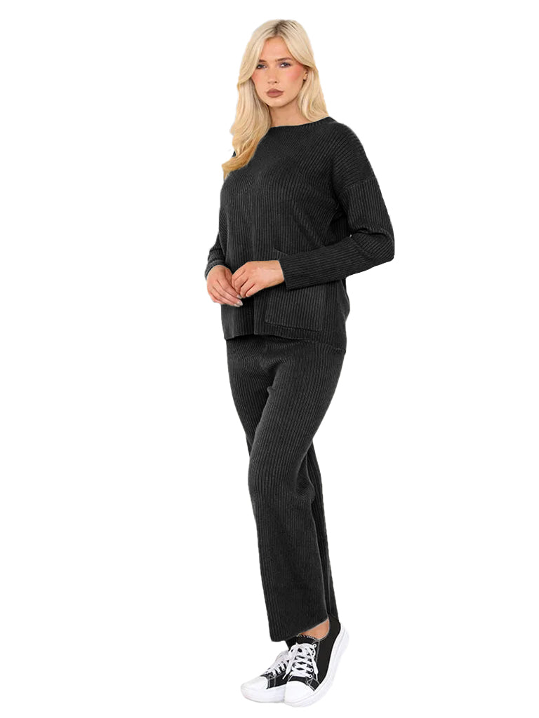 Women's wholesale luxe ribbed knit coord set with straight leg trousers and pocket detail sweater