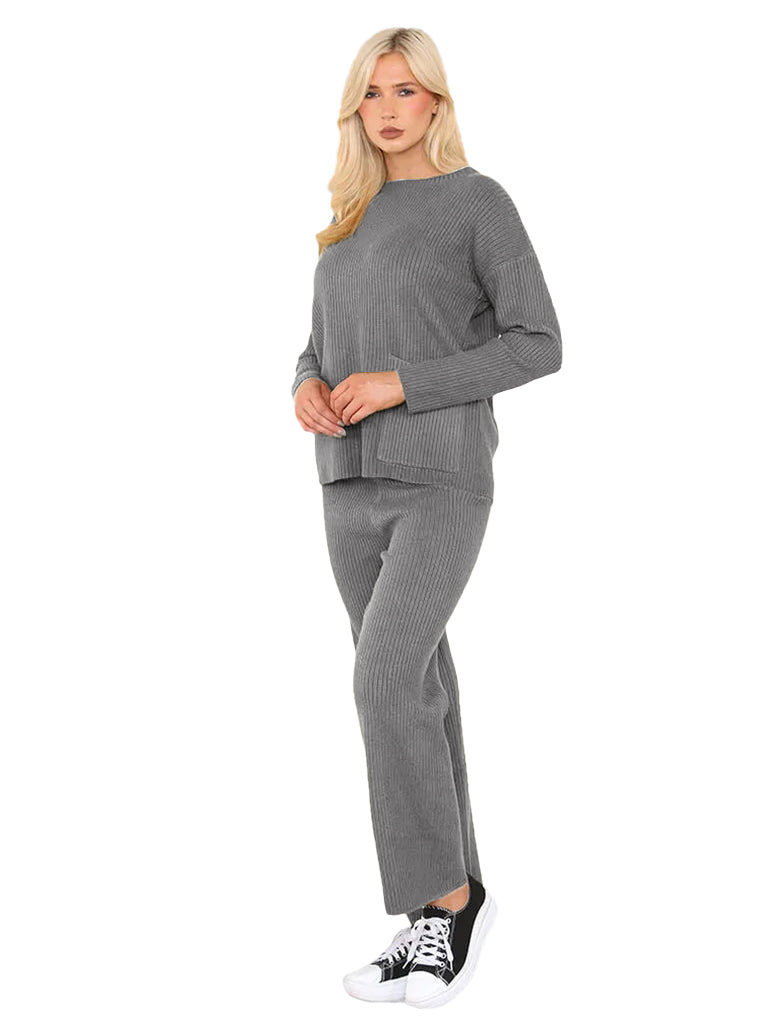 Women's wholesale luxe ribbed knit coord set with straight leg trousers and pocket detail sweater