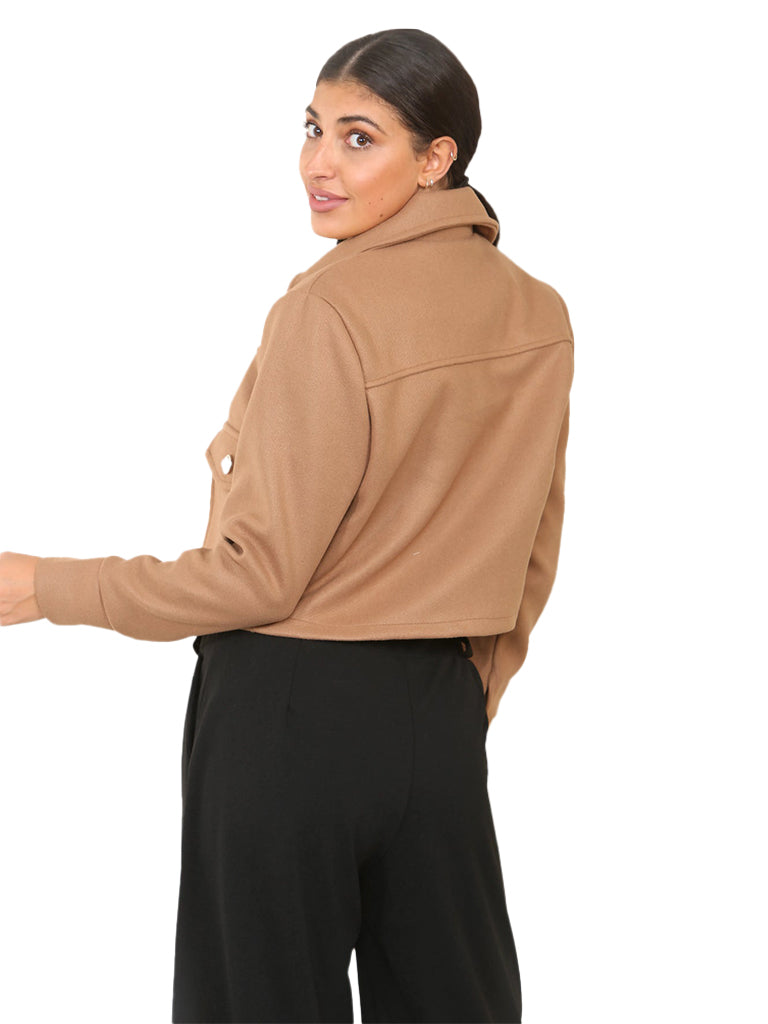 Women's wholesale cropped collar jacket featuring a buttoned design and convenient front pockets