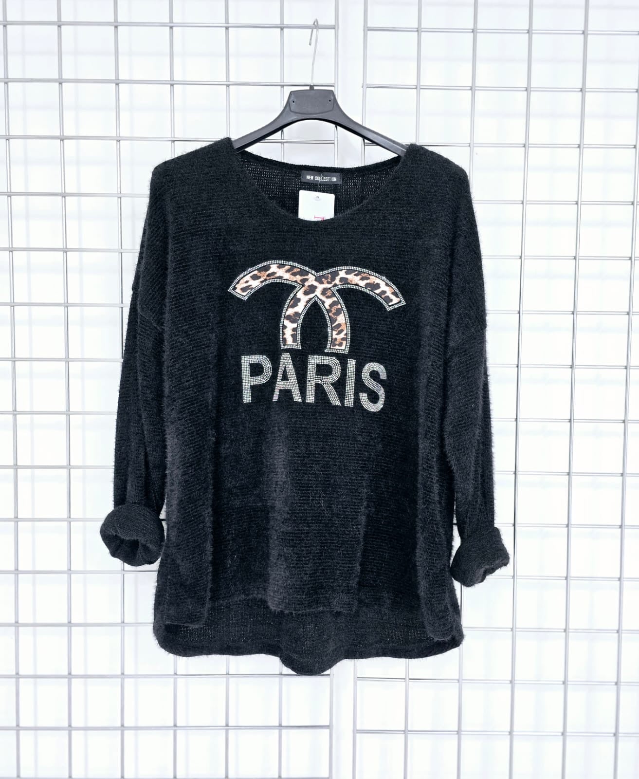 Brooke CC top in soft fluffy knit with animal print logo and sparkly Paris writing