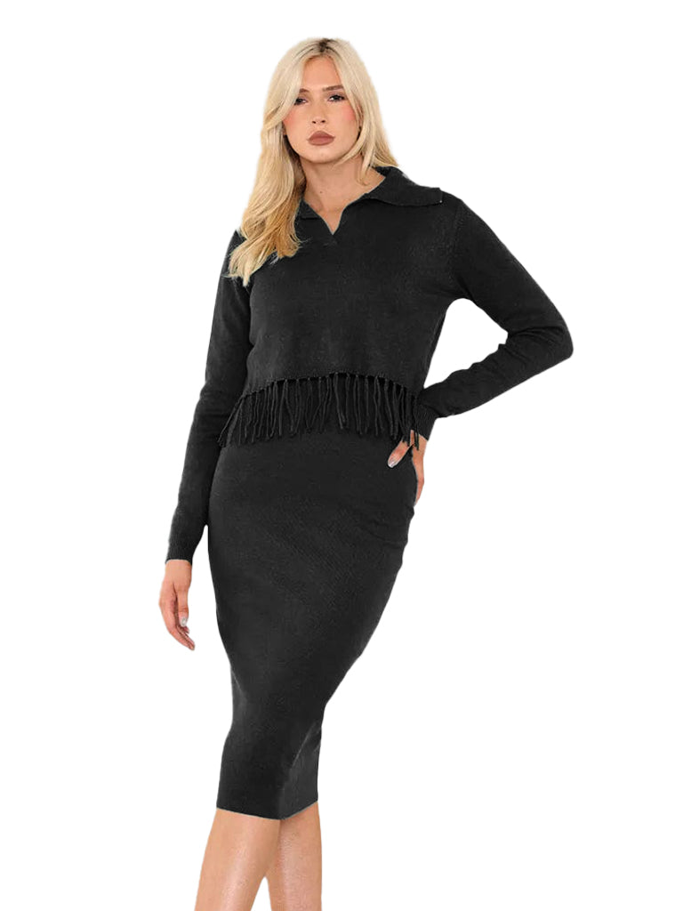 Women's wholesale knitted dress and fringe sweater set with V neck polo and boho fringe detail