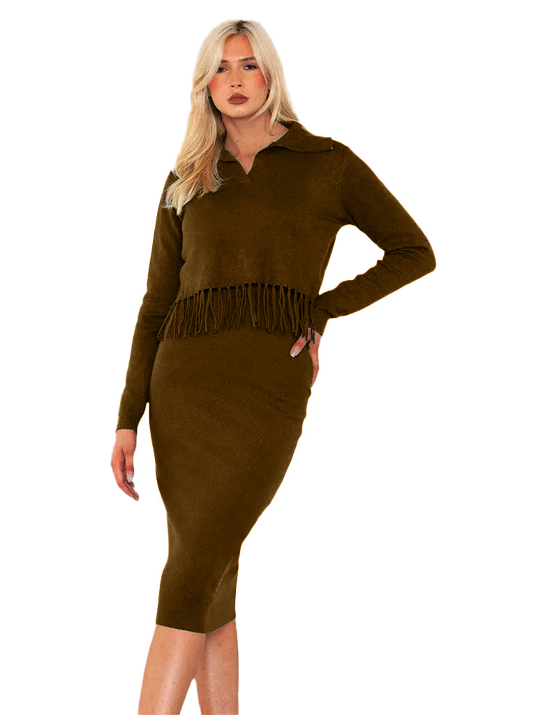 Women's wholesale knitted dress and fringe sweater set with V neck polo and boho fringe detail
