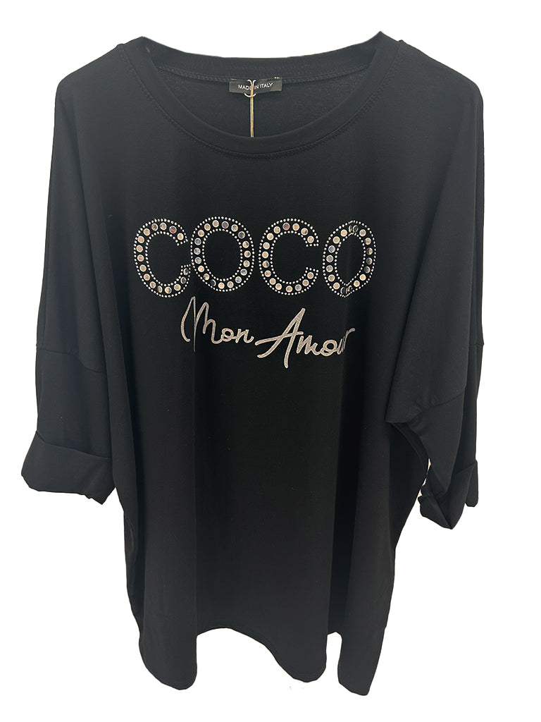 Women's wholesale Coco Mon Amour embellished top with oversized fit and roll-up sleeves