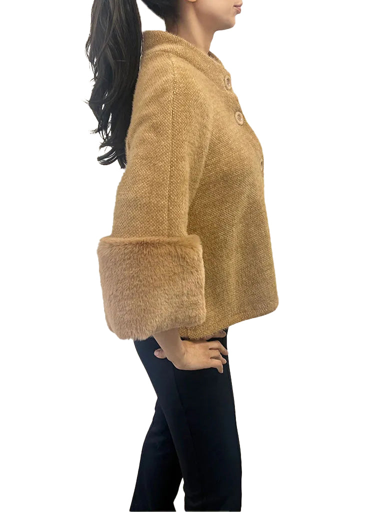 Women's wholesale chenille cardigan coat featuring thick fur cuffs for added warmth and luxury