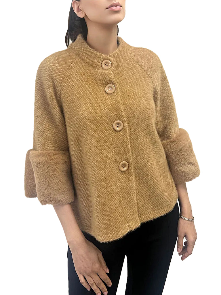 Women's wholesale chenille cardigan coat featuring thick fur cuffs for added warmth and luxury