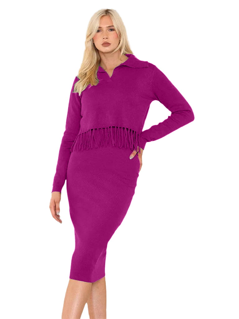 Women's wholesale knitted dress and fringe sweater set with V neck polo and boho fringe detail