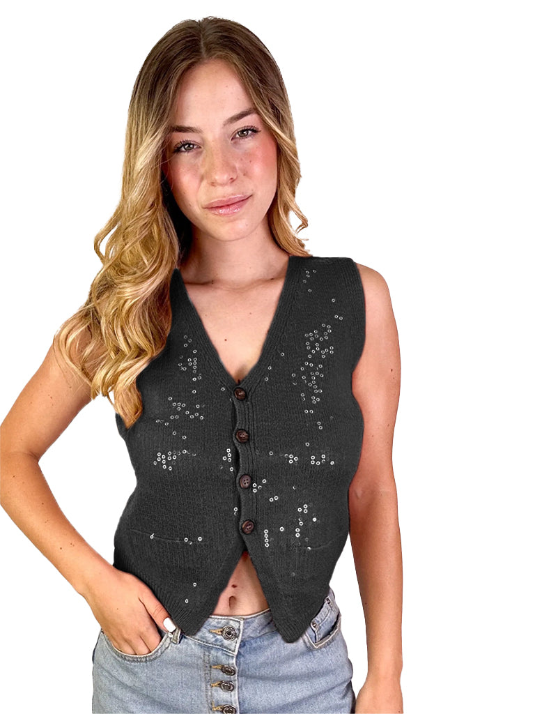 Women's wholesale sequin knit waistcoat with button-up detail and soft knit fabric
