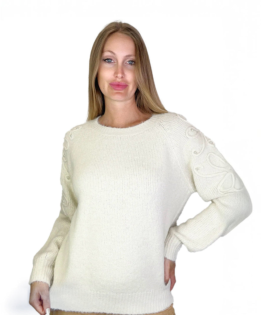 Women's wholesale flower pearl shoulder detail wool knit sweater