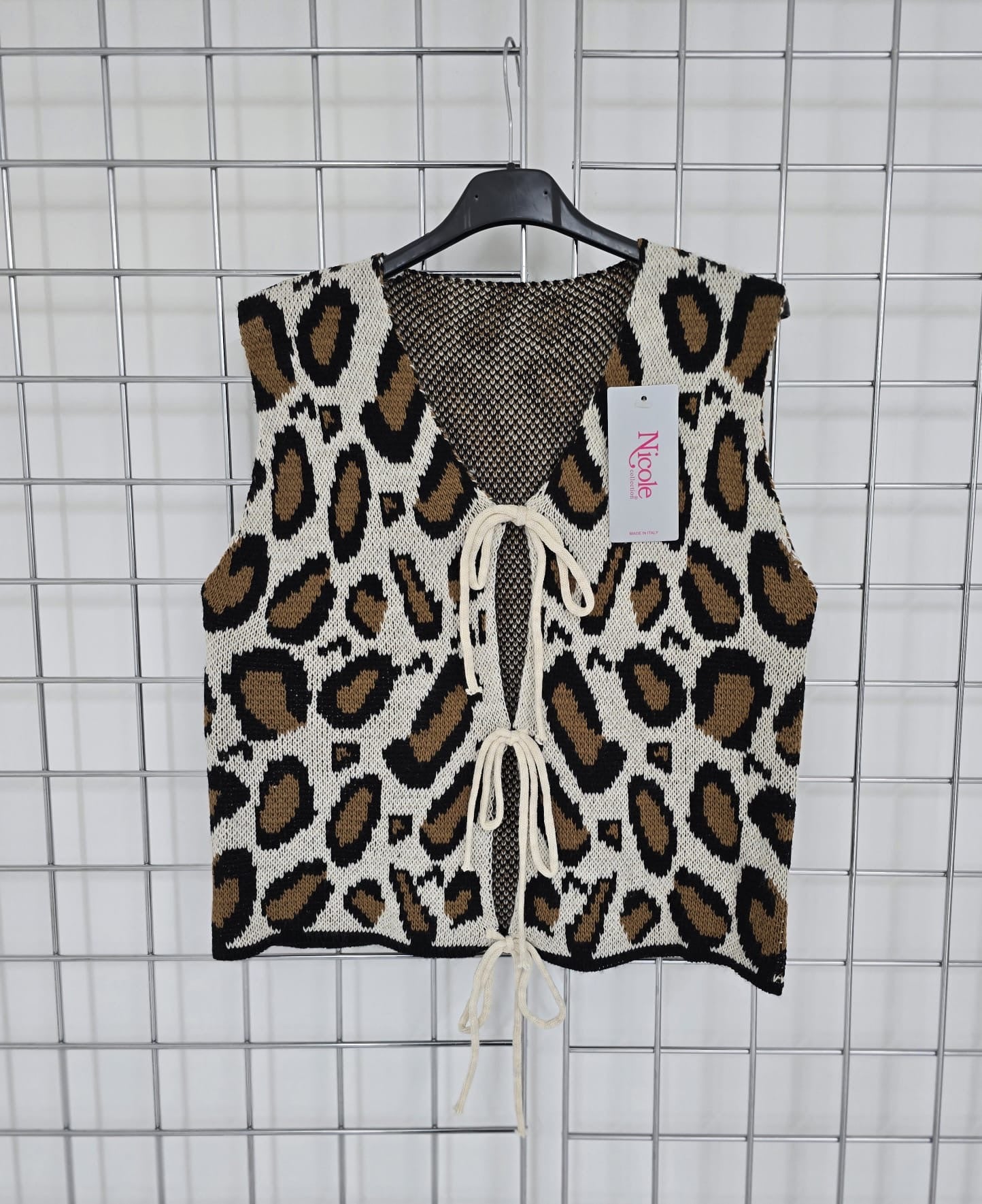 Sara animal print knit waistcoat with tie front detail