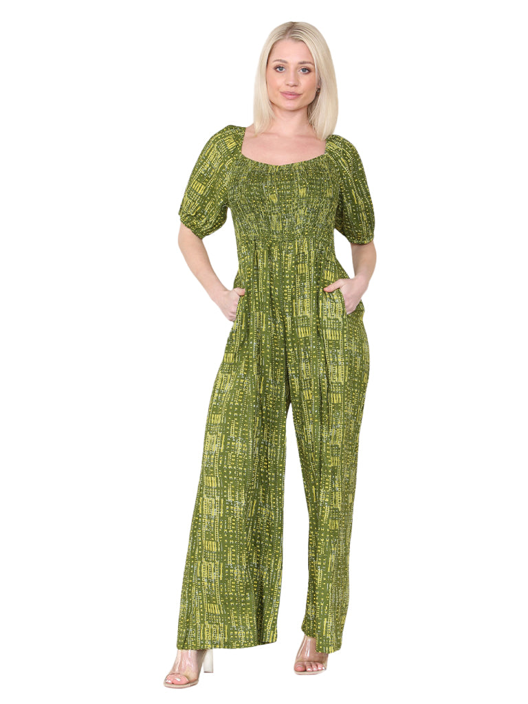 Abstract Print Shirring Detail Jumpsuit