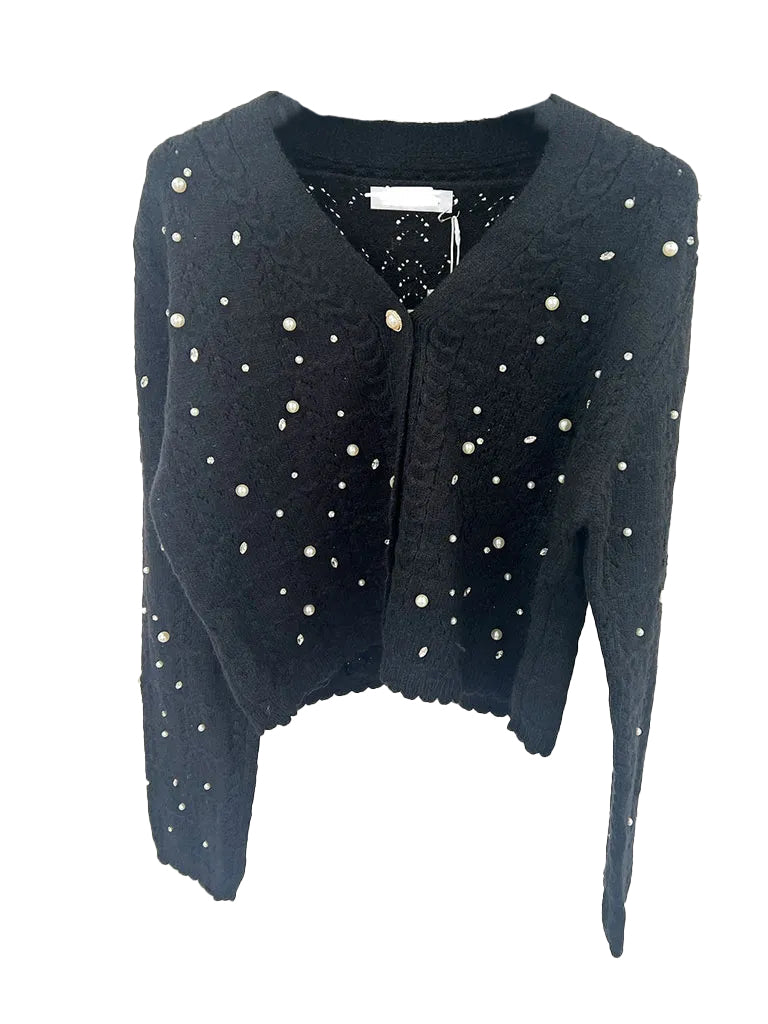 Women's pearl and rhinestone embellished luxe cardigan in a soft wool blend, perfect for festive occasions