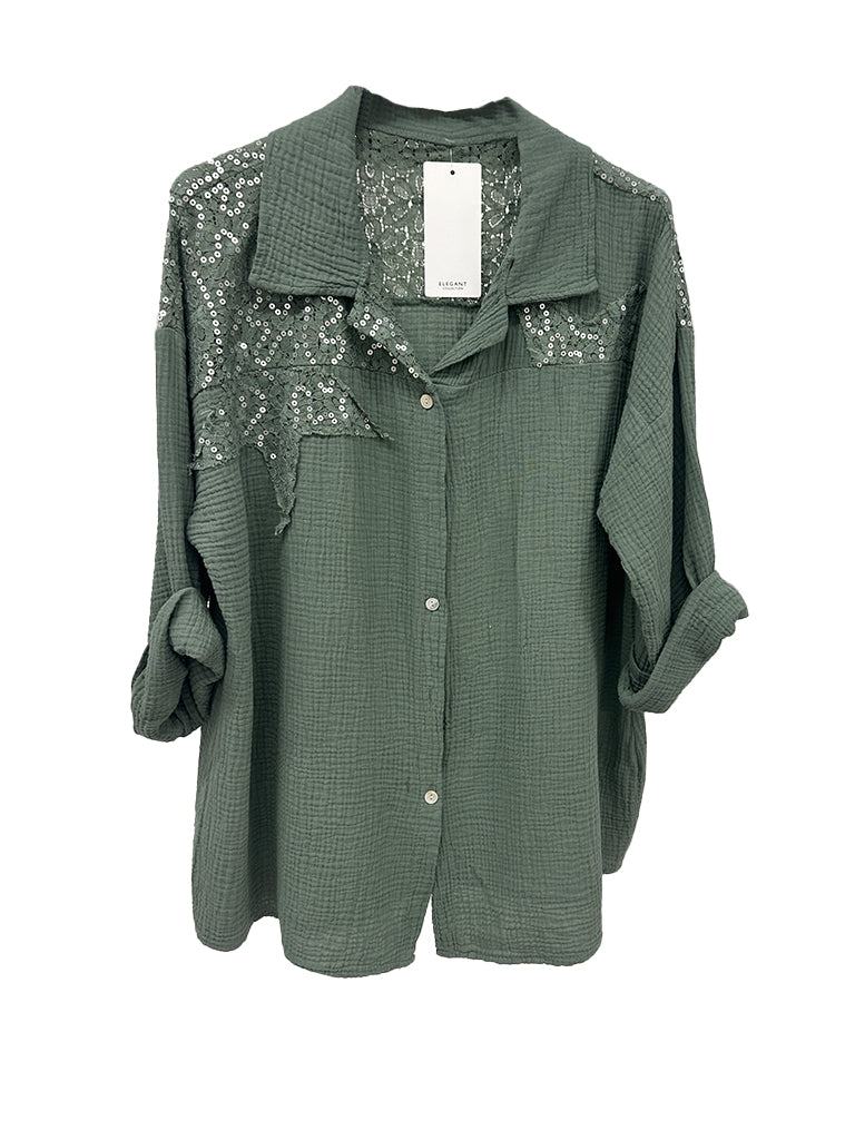 Sequin Lace Cheesecloth Oversized Shirt