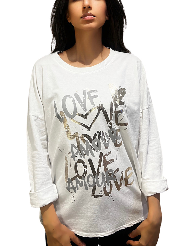 Women's wholesale dipped hem top with graffiti-style 'Love Amour' print and roll-up sleeves