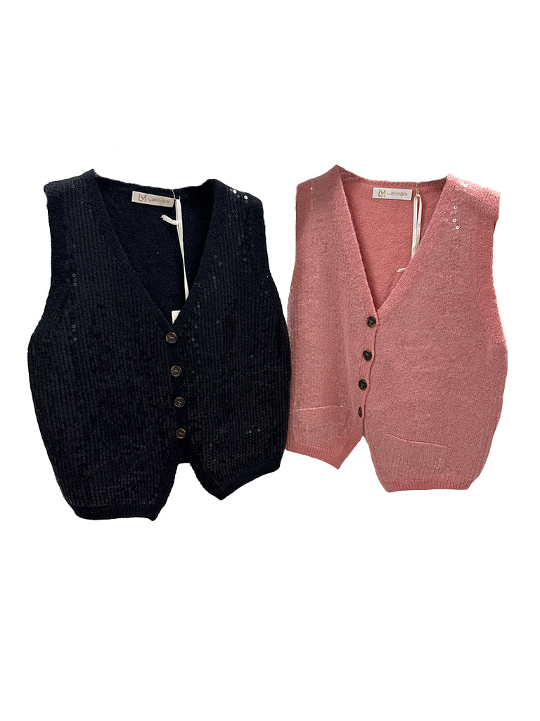 Women's wholesale sequin knit waistcoat with button-up detail and soft knit fabric