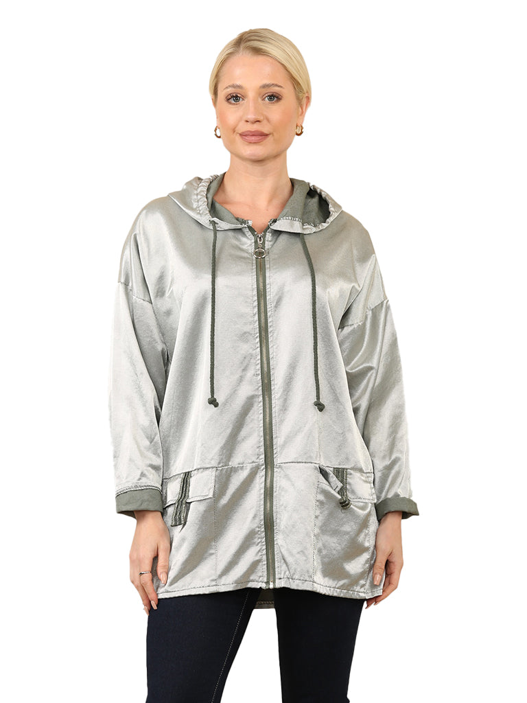 Women's wholesale sequin metallic jacket with hood and embossed detail