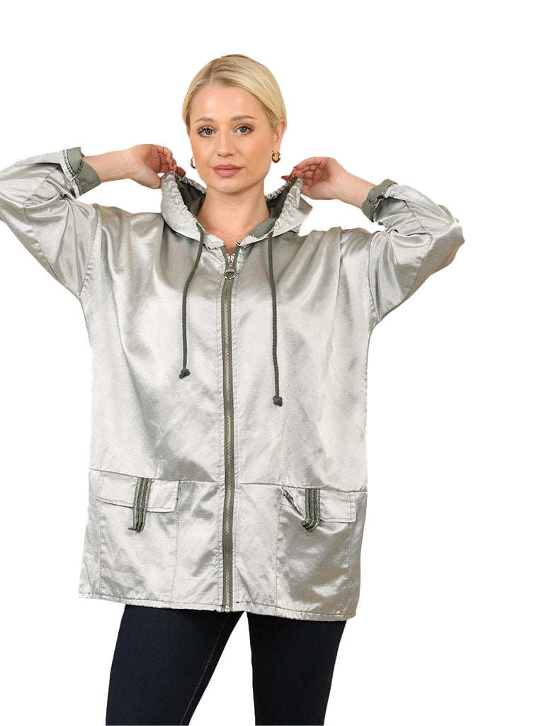 Women's wholesale sequin metallic jacket with hood and embossed detail