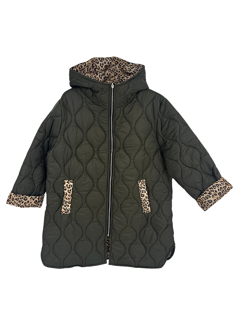 Quilted Long Animal Print Lined Coat