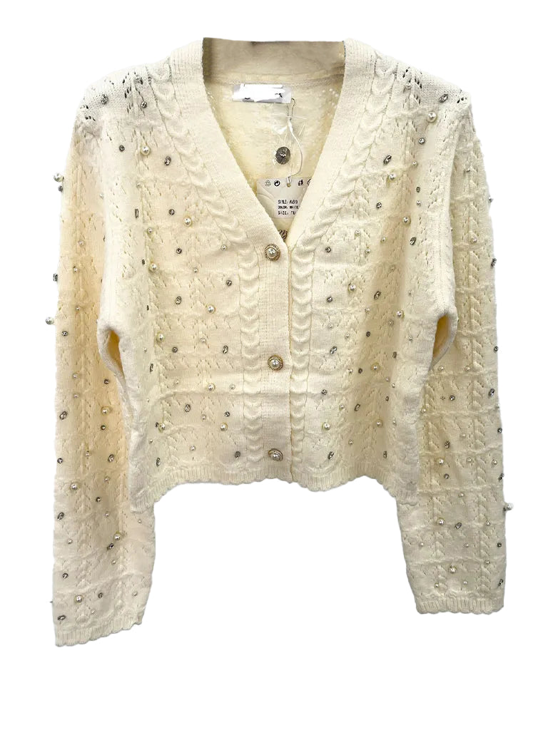 Pearl and Rhinestone Embellished Luxe  Cardigan