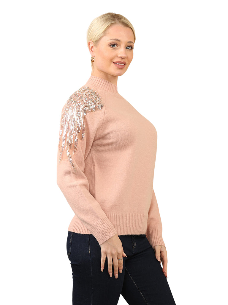 Embellished Net Shoulder Detail Knit Sweater