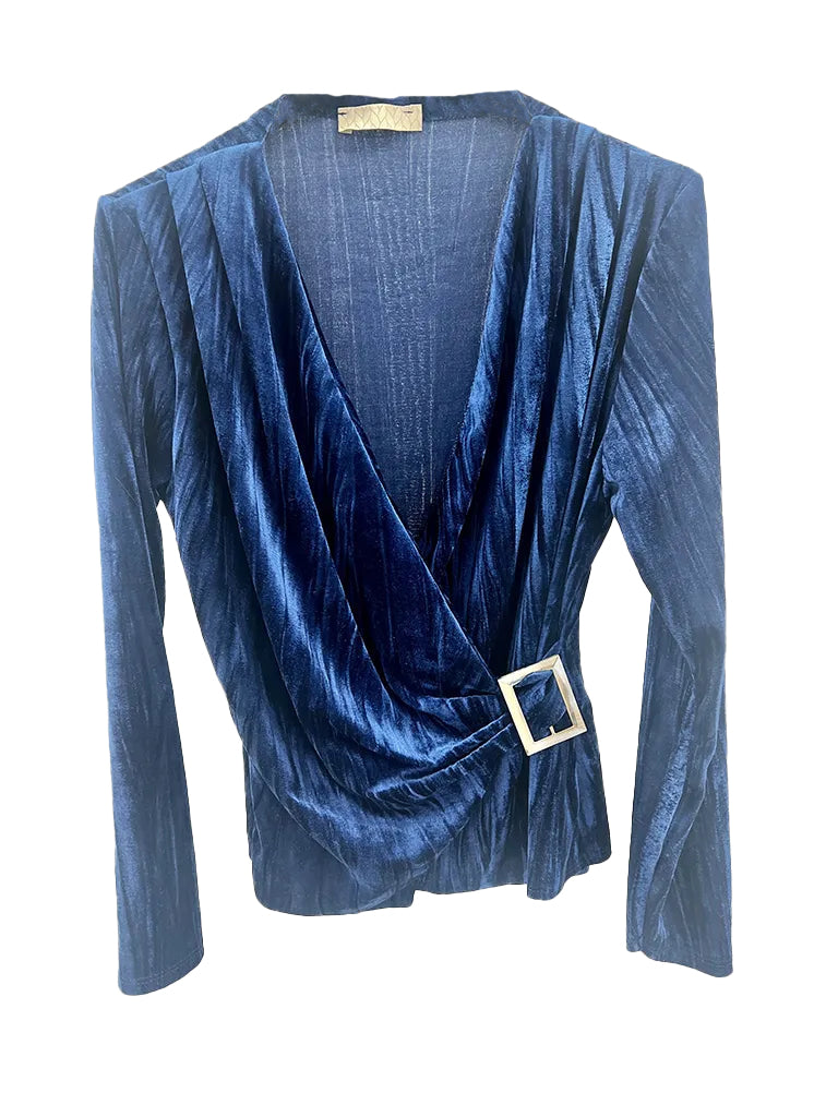 Women's wholesale crushed velour wrap top with square silver buckle, crafted from plush soft fabric