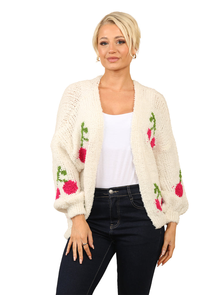 Cherry Print Wool Blend Knit Cardigan