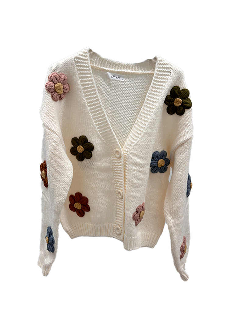 Chunky Wool Knit Cardigan With Flower Applique