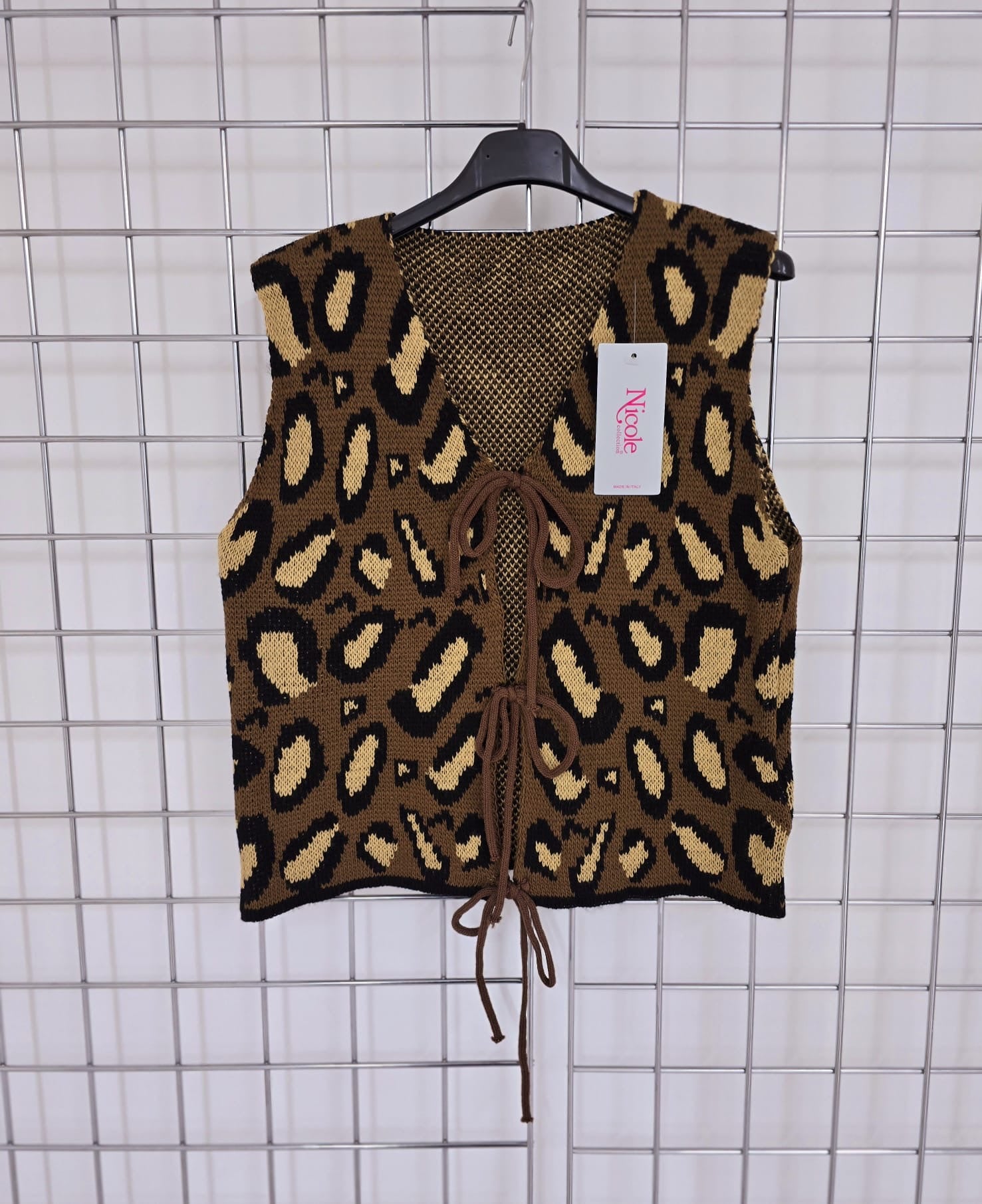 Sara animal print knit waistcoat with tie front detail