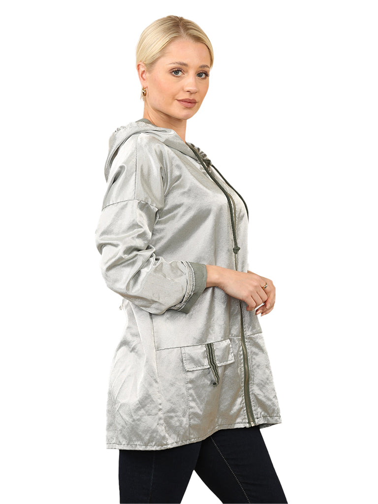 Women's wholesale sequin metallic jacket with hood and embossed detail