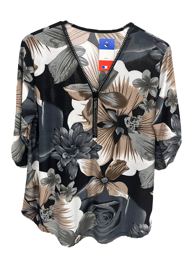 Floral Print Diamonte Zip Neck Top