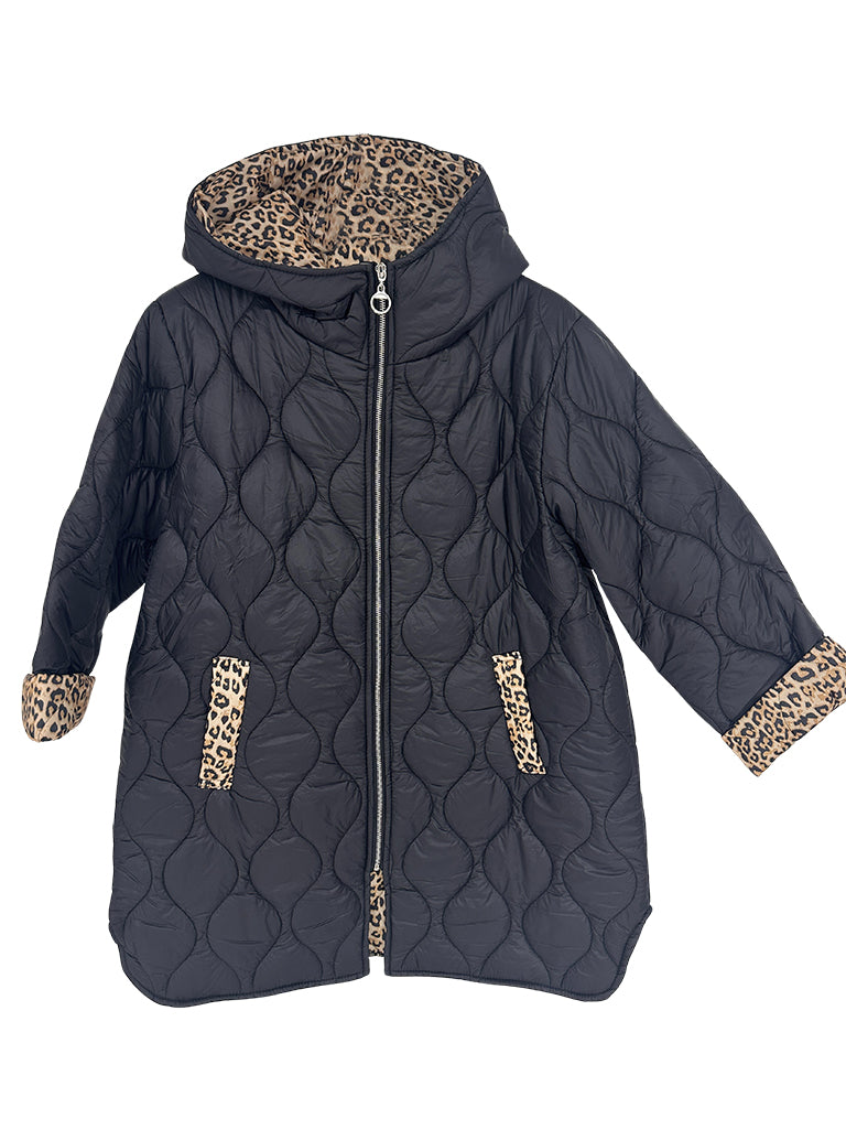 Quilted Long Animal Print Lined Coat