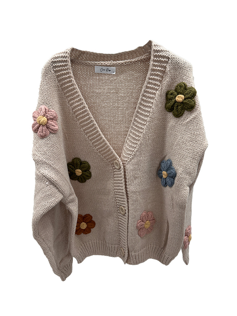 Women's wholesale chunky wool knit cardigan with flower appliqué