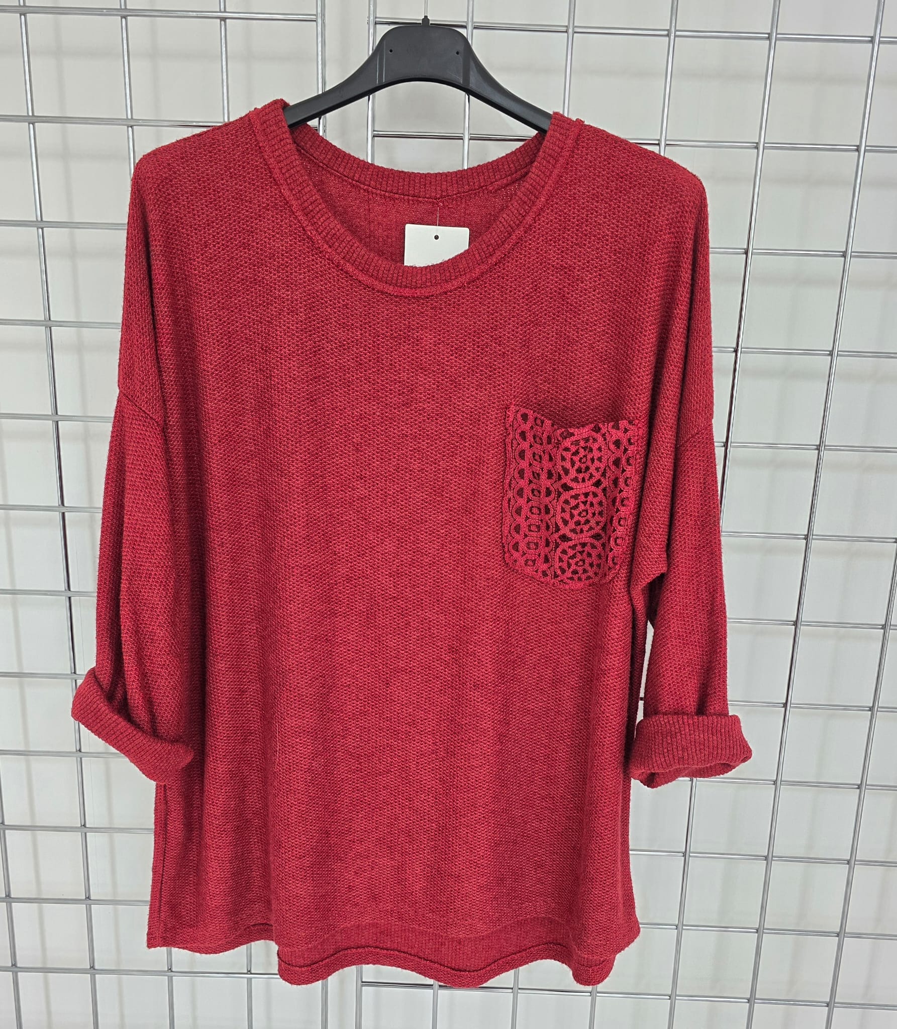 Cathy top with crochet pocket and lightweight knit