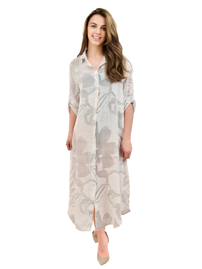 Cotton Floral Print Maxi  Shirt Dress