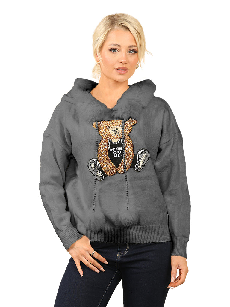 Crystal Teddy Appliqué Wool Knit Hoodie