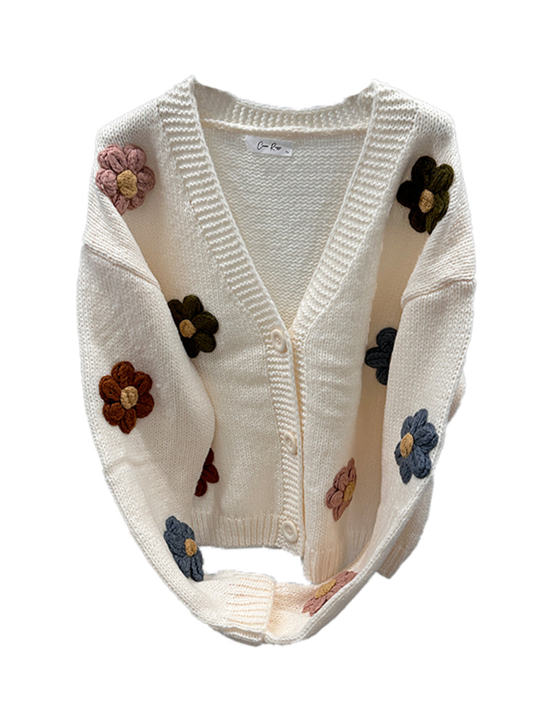 Women's wholesale chunky wool knit cardigan with flower appliqué