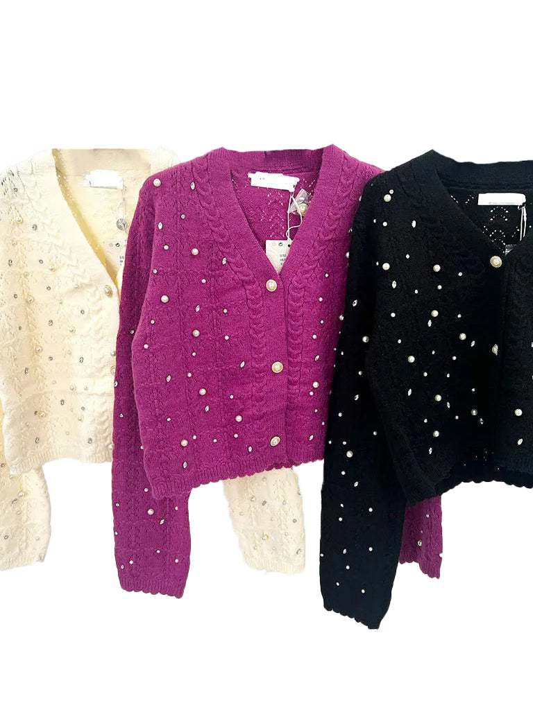 Women's pearl and rhinestone embellished luxe cardigan in a soft wool blend, perfect for festive occasions