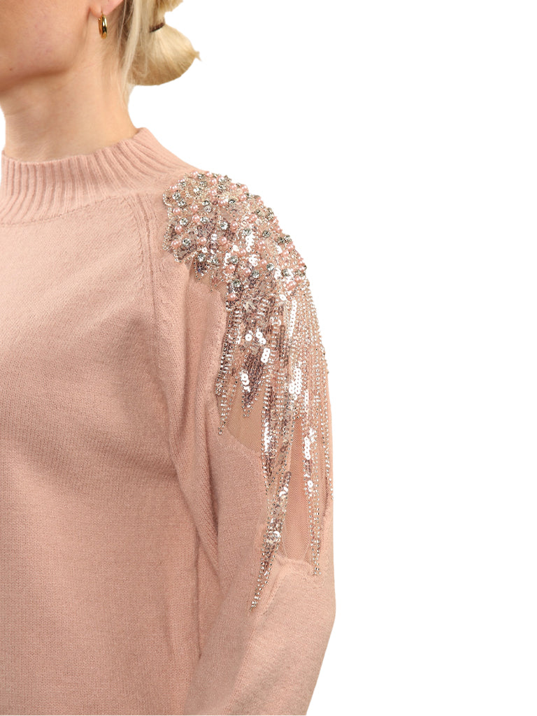 Embellished Net Shoulder Detail Knit Sweater