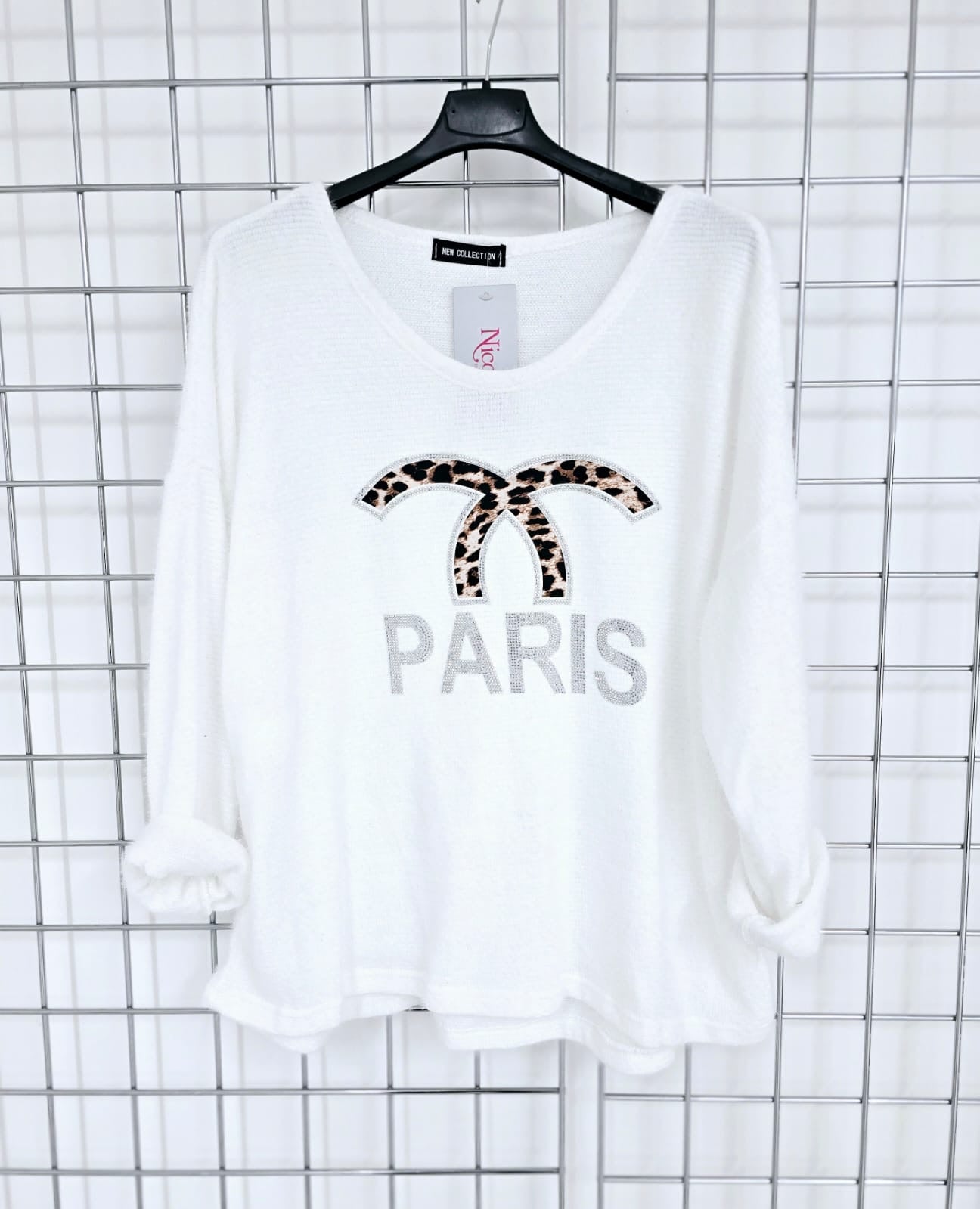 Brooke CC top in soft fluffy knit with animal print logo and sparkly Paris writing