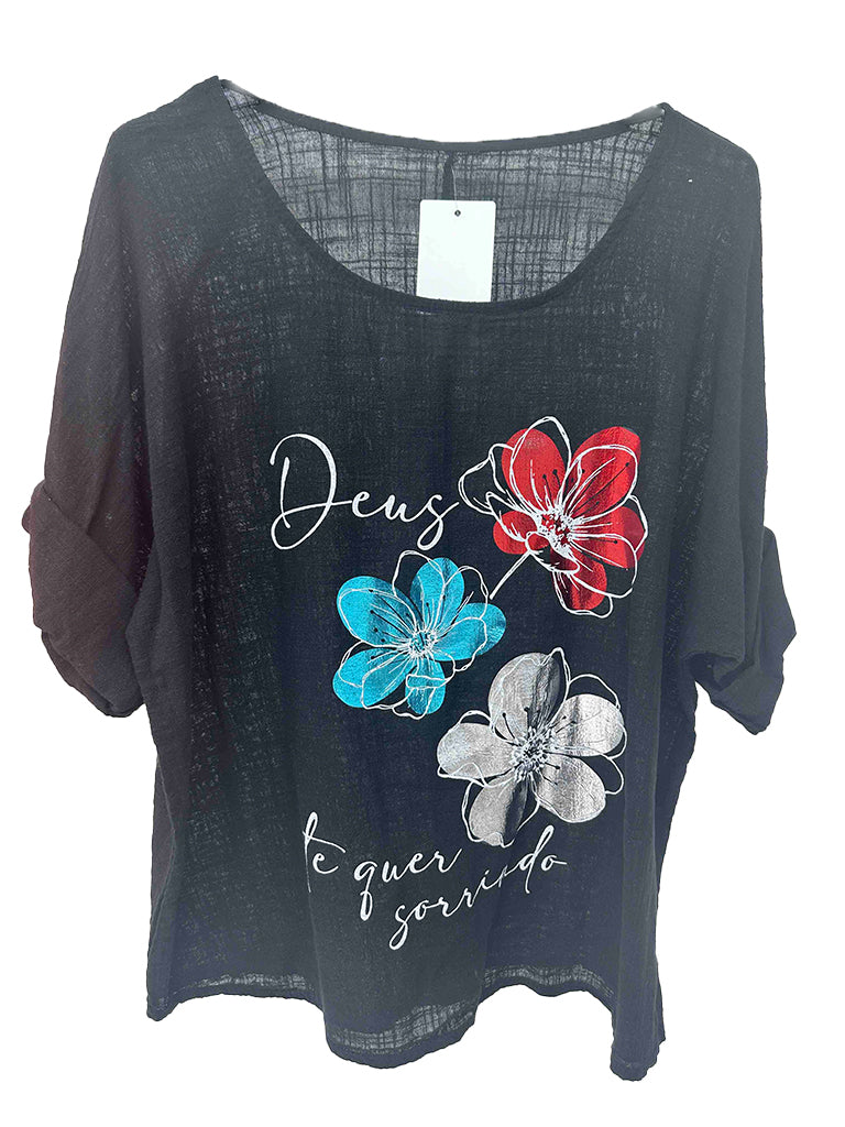 Women's wholesale cotton foil floral top with a glamorous foil design, perfect for warm weather